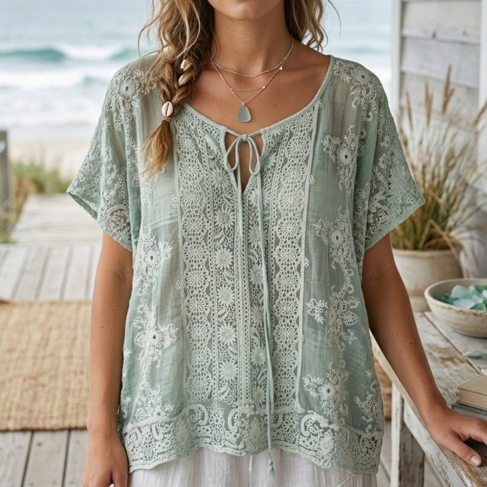 Gretty Zueger Top Medium Silk Aqua TPS-011 Tahira Sheer Embroidered Lace Boho